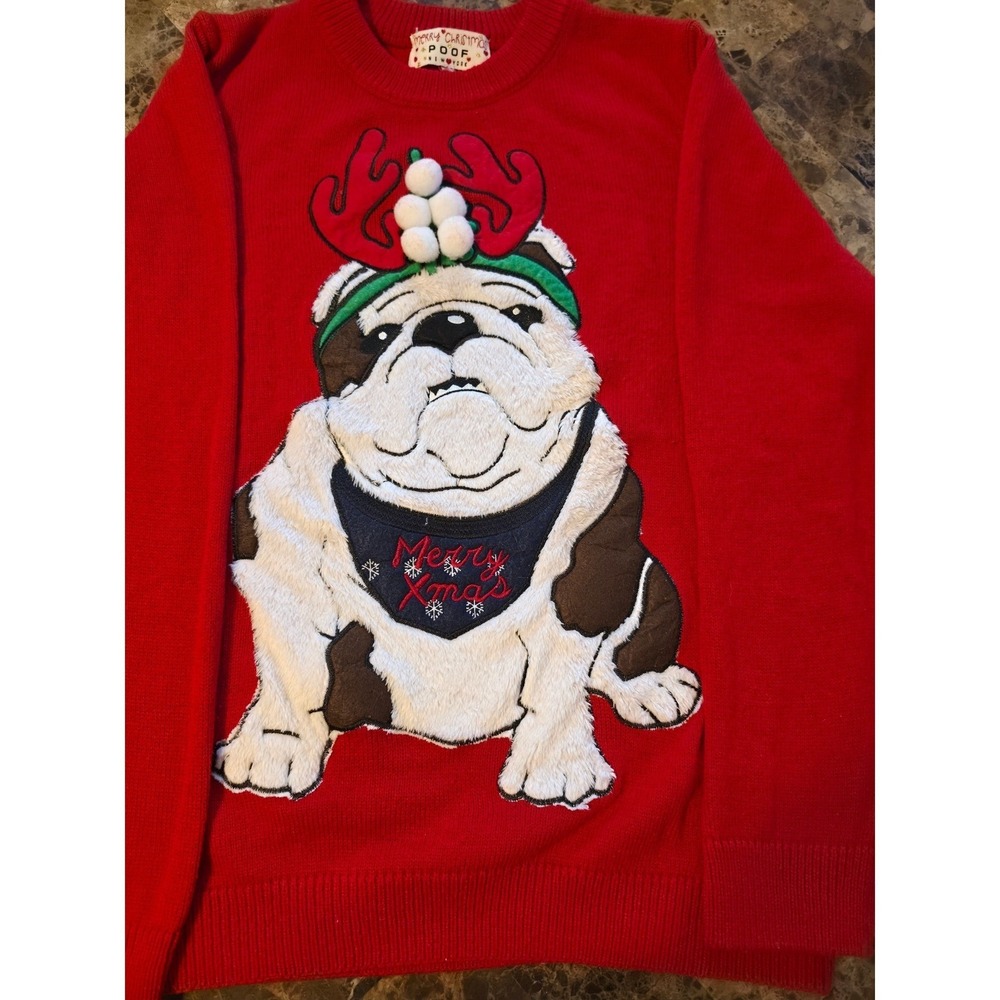 Poof New York Merry Christmas Bulldog Reindeer Antlers Sweater Red Medium